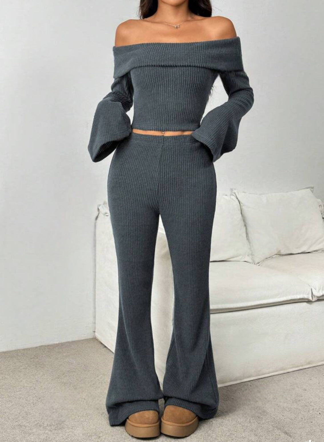 Off-neck Skinny Long-sleeved Trousers Knitting Suit