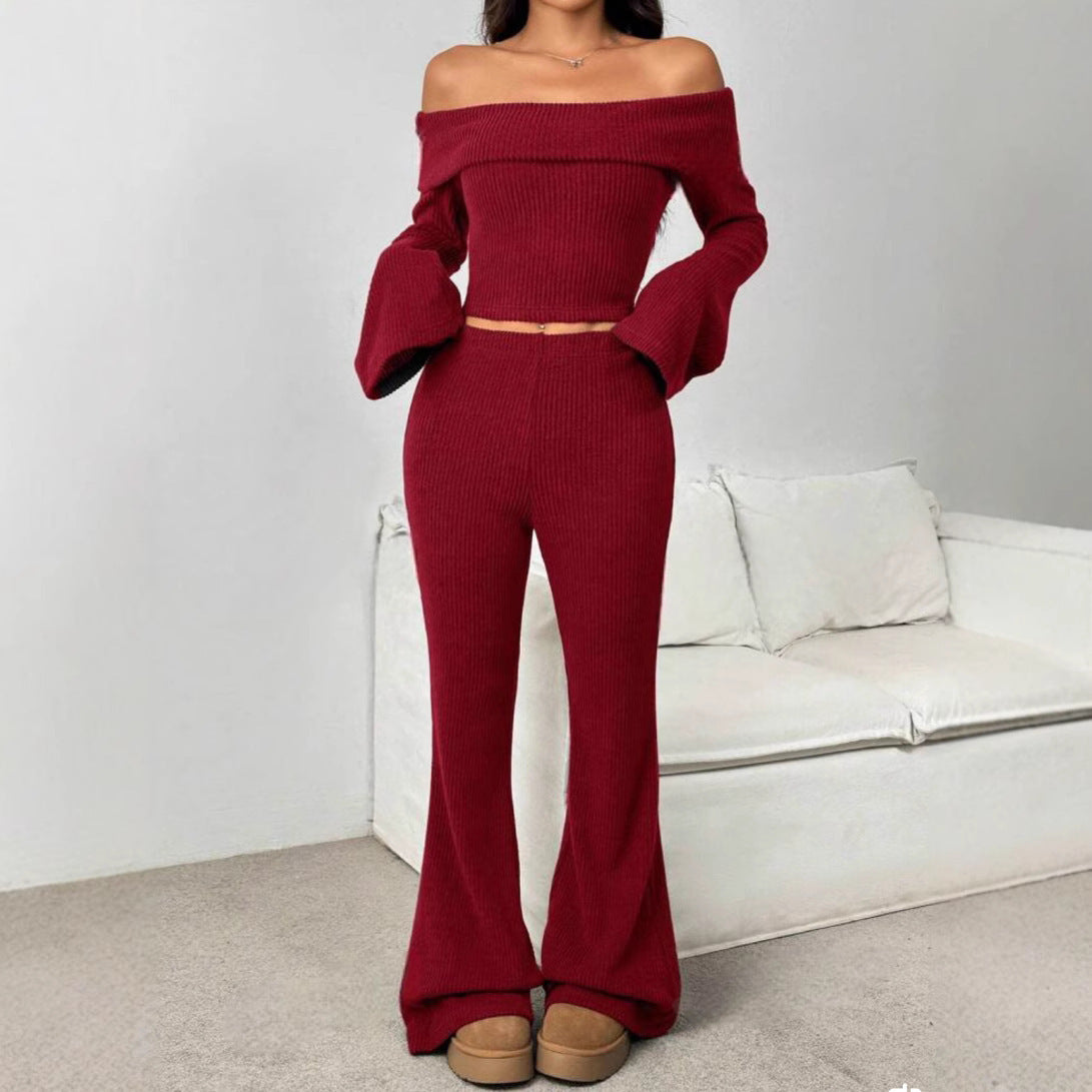 Off-neck Skinny Long-sleeved Trousers Knitting Suit